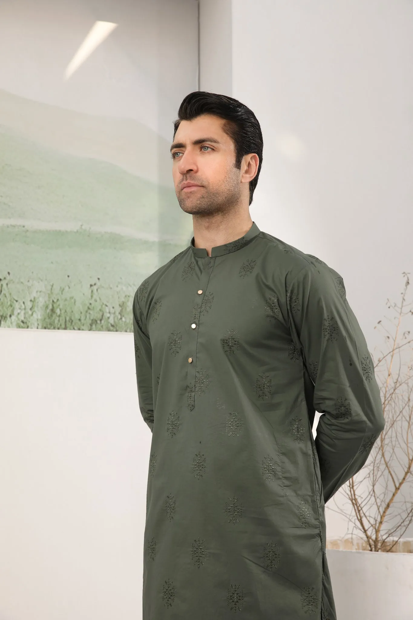 Army Green Cotton Embroidered Kurta Trouser - Men