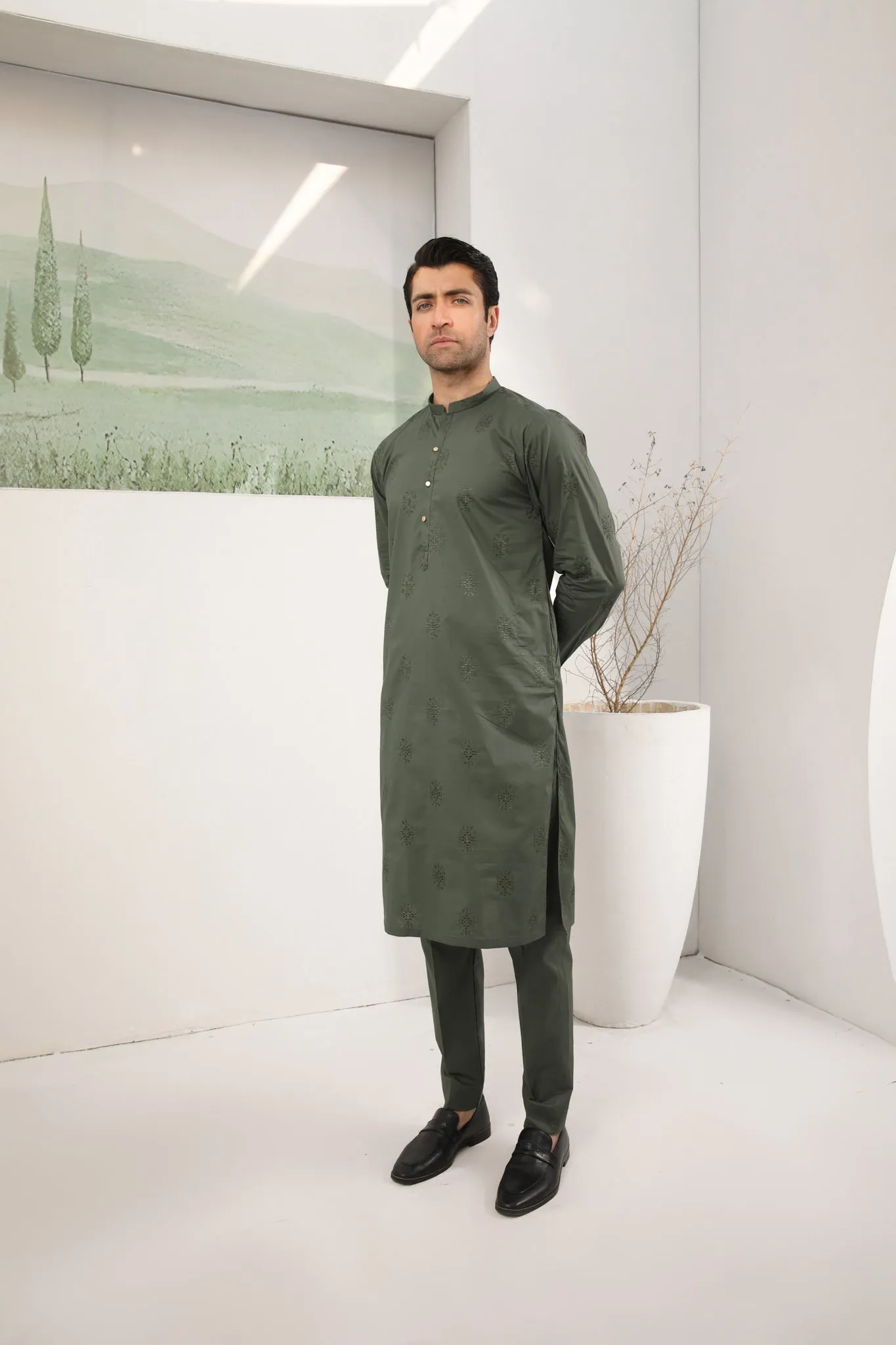 Army Green Cotton Embroidered Kurta Trouser - Men