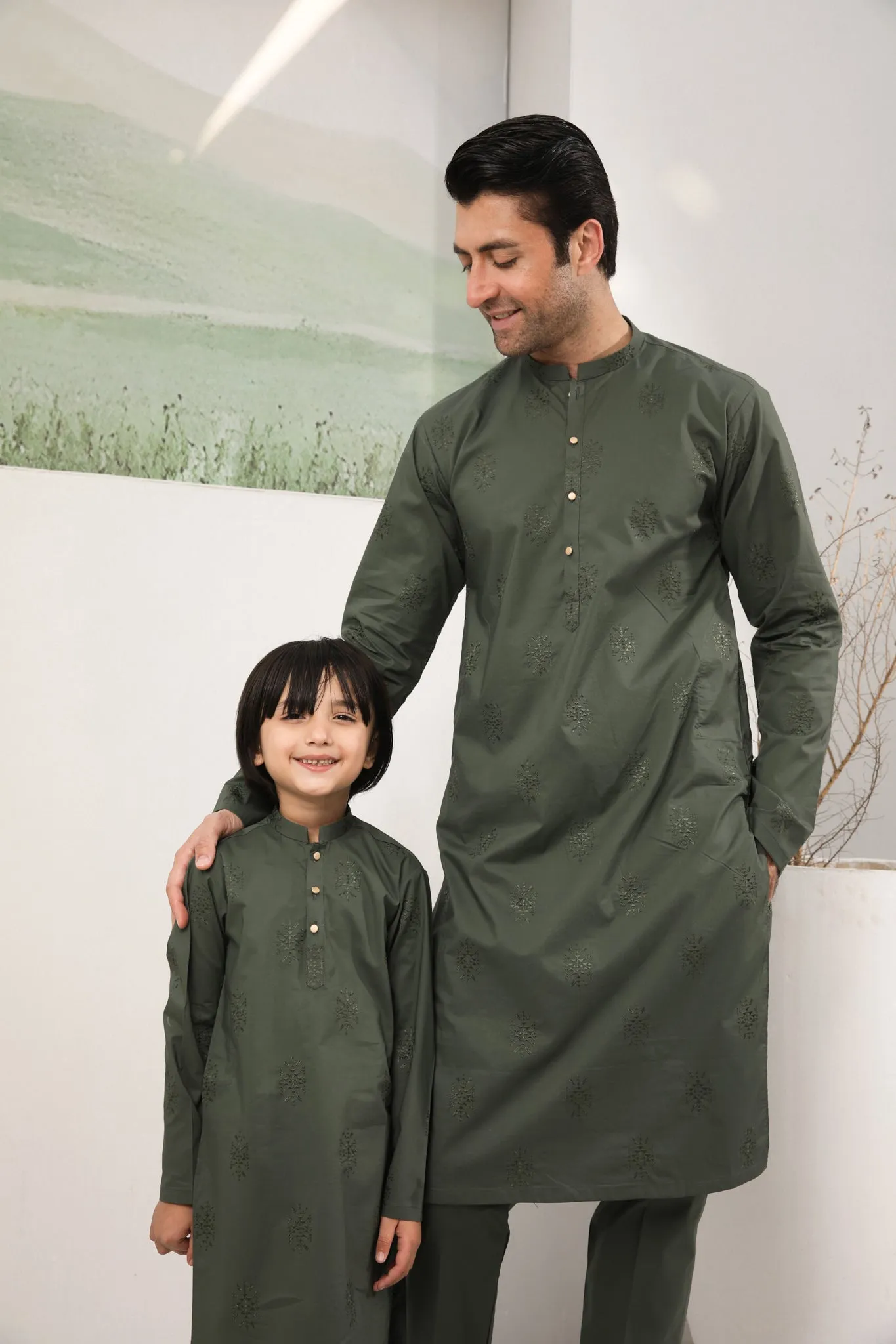 Army Green Cotton Embroidered Kurta Trouser - Men