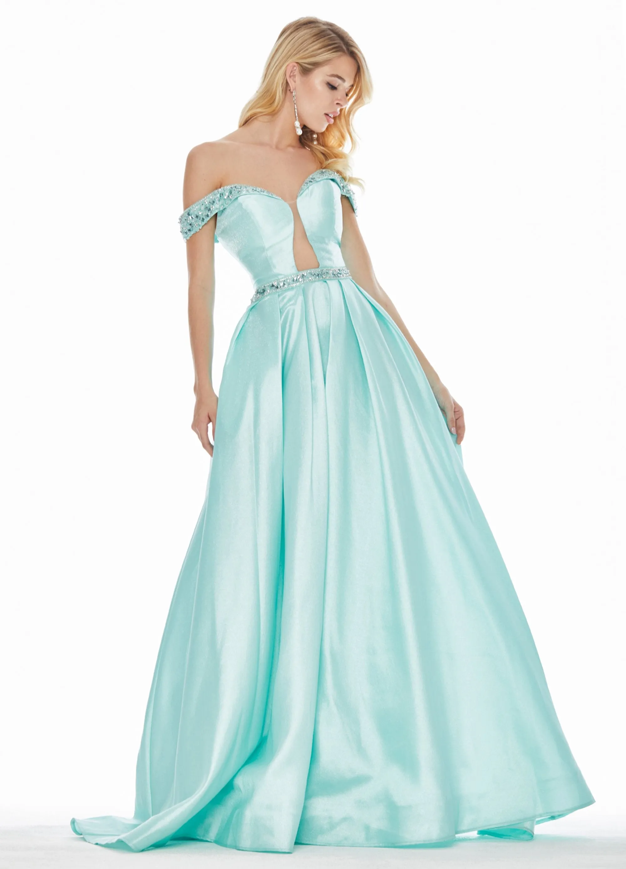 Ashley Lauren 1476 Prom Dress Aqua size 6 Off the Shoulder Ballgown Evening A line
