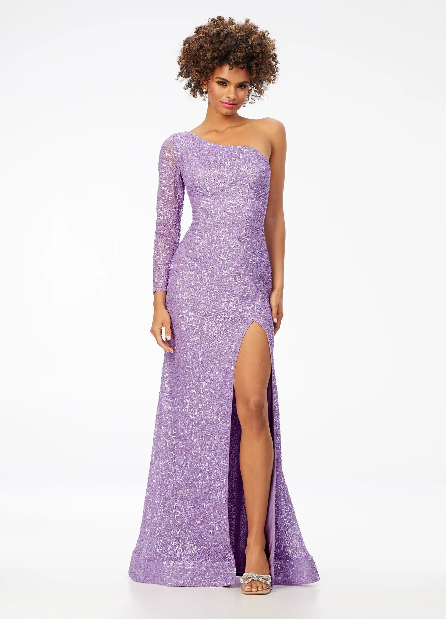 Ashley Lauren 1977 Prom Dress One Sleeve Fully Beaded Long Pageant Dress with High Side Slit