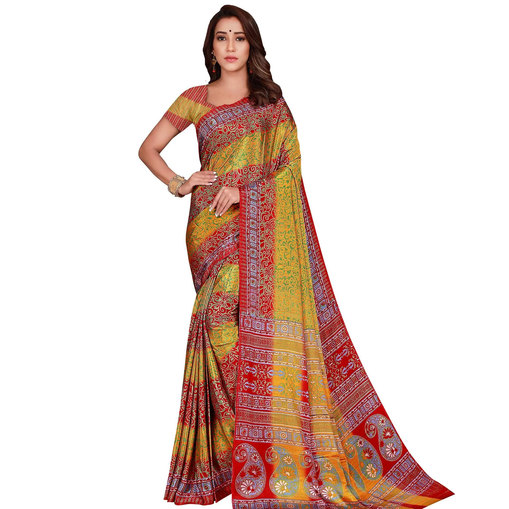 Beautiful Yellow Colored Casual Wear Printed Silk Crepe Saree