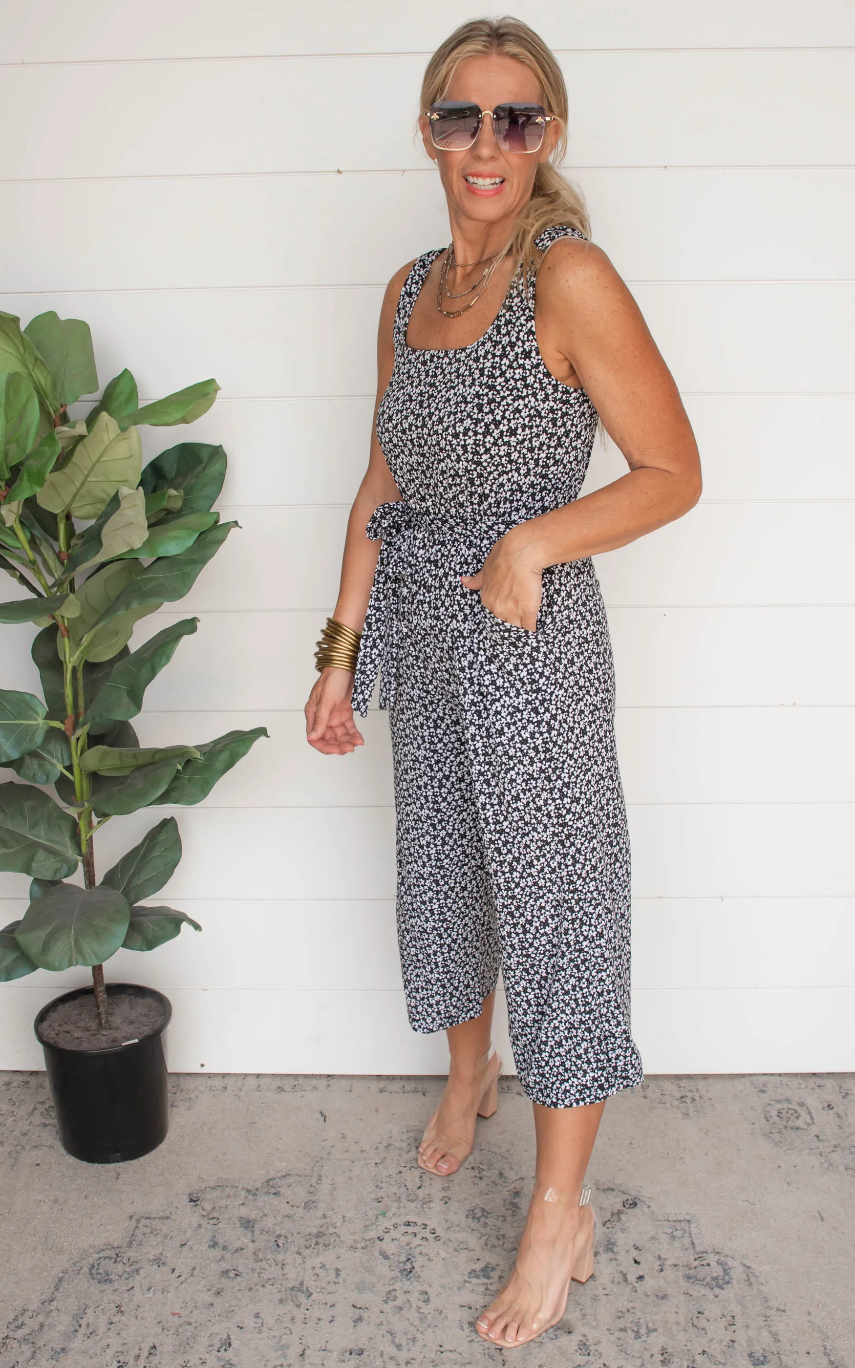 Black Ditsy Sleeveless Square Neck Cropped Jumpsuit - Final Sale