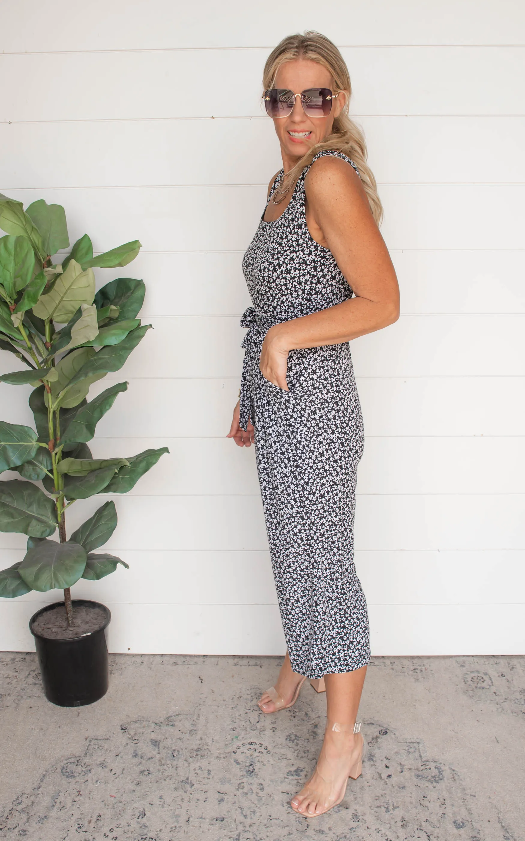 Black Ditsy Sleeveless Square Neck Cropped Jumpsuit - Final Sale