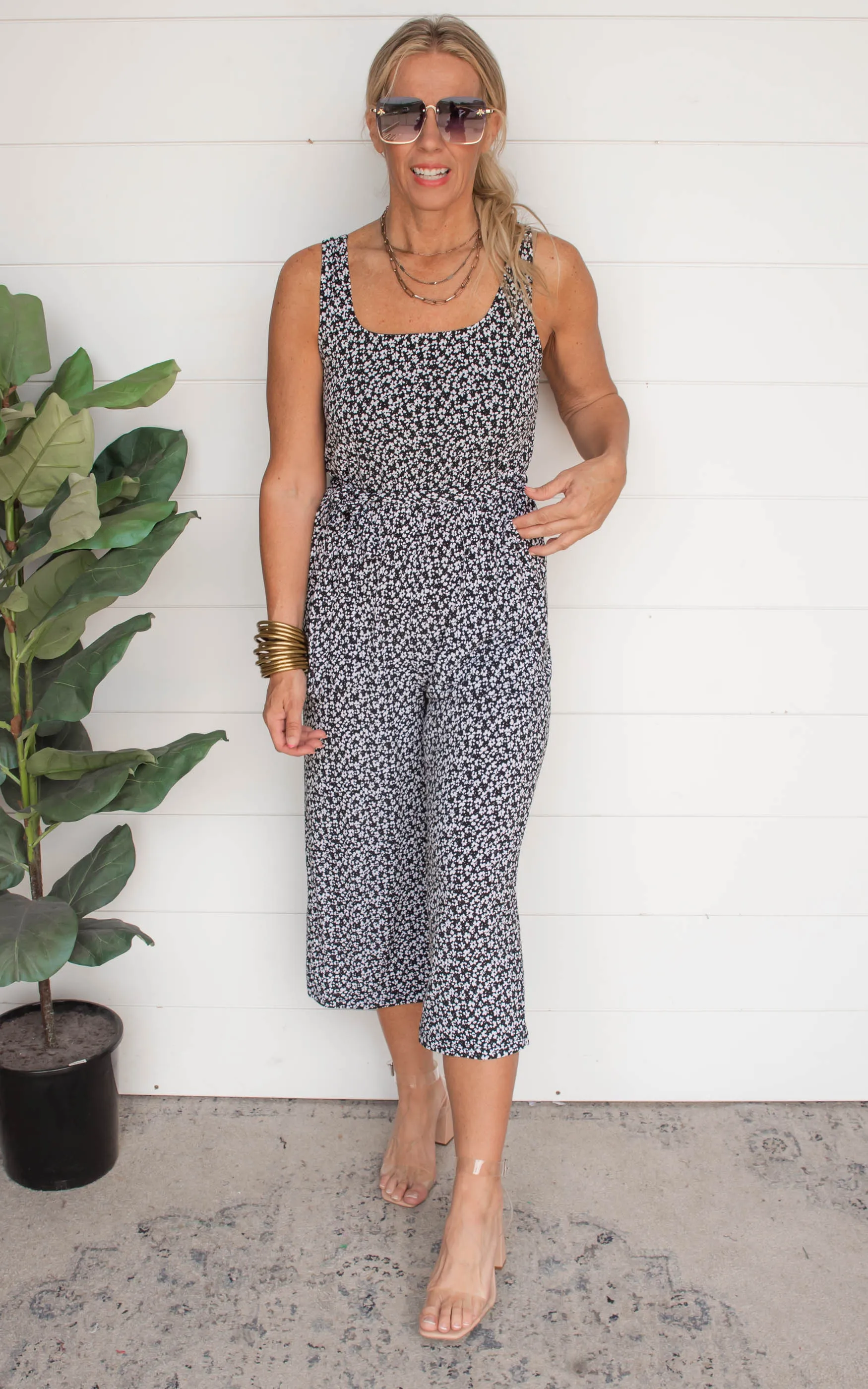 Black Ditsy Sleeveless Square Neck Cropped Jumpsuit - Final Sale