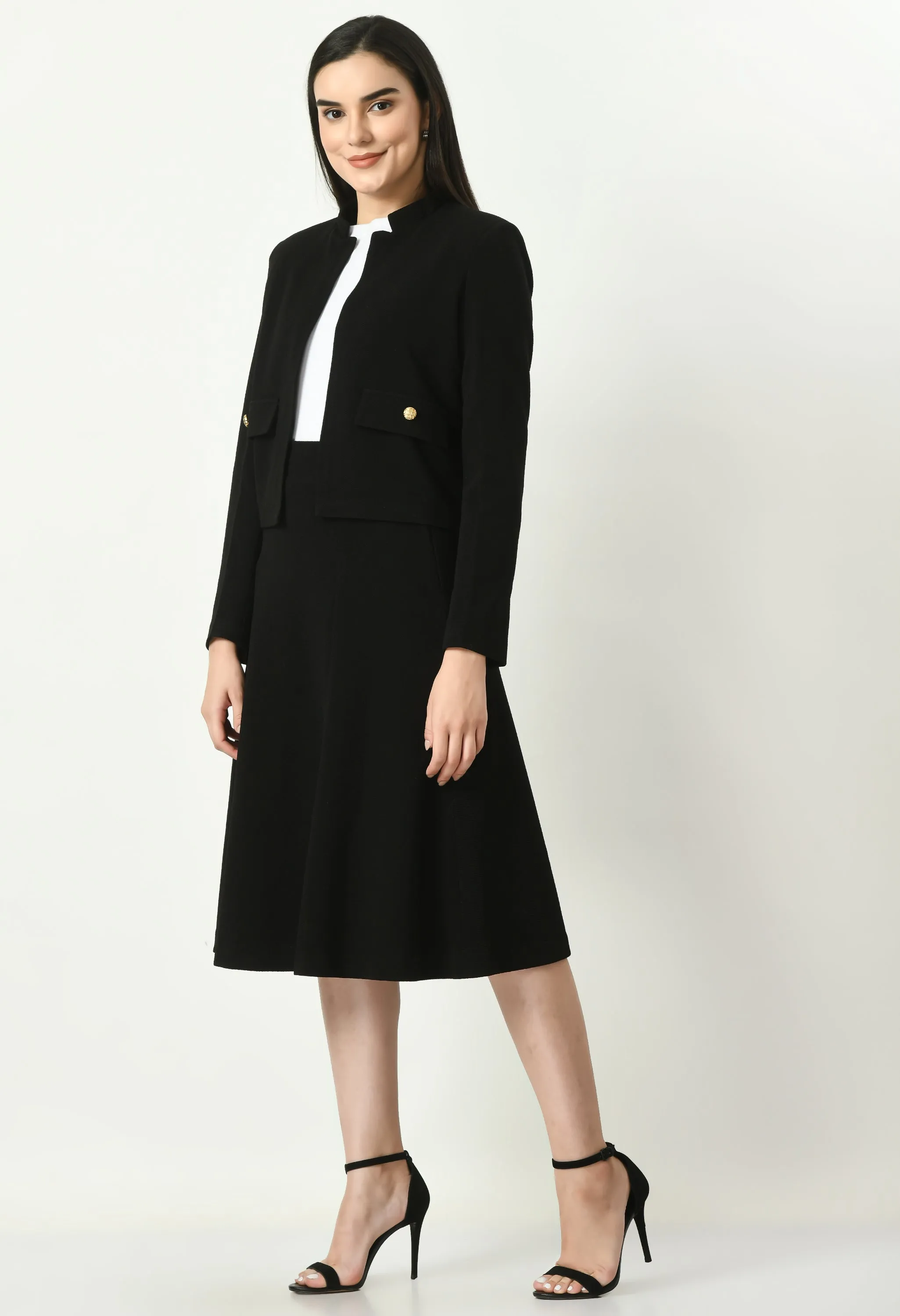Black Mandarin Collar Blazer With Midi A-Line Skirt
