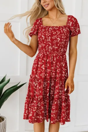 Bohemian Red Floral Midi Dress with Square Neck and Tiered Silhouette