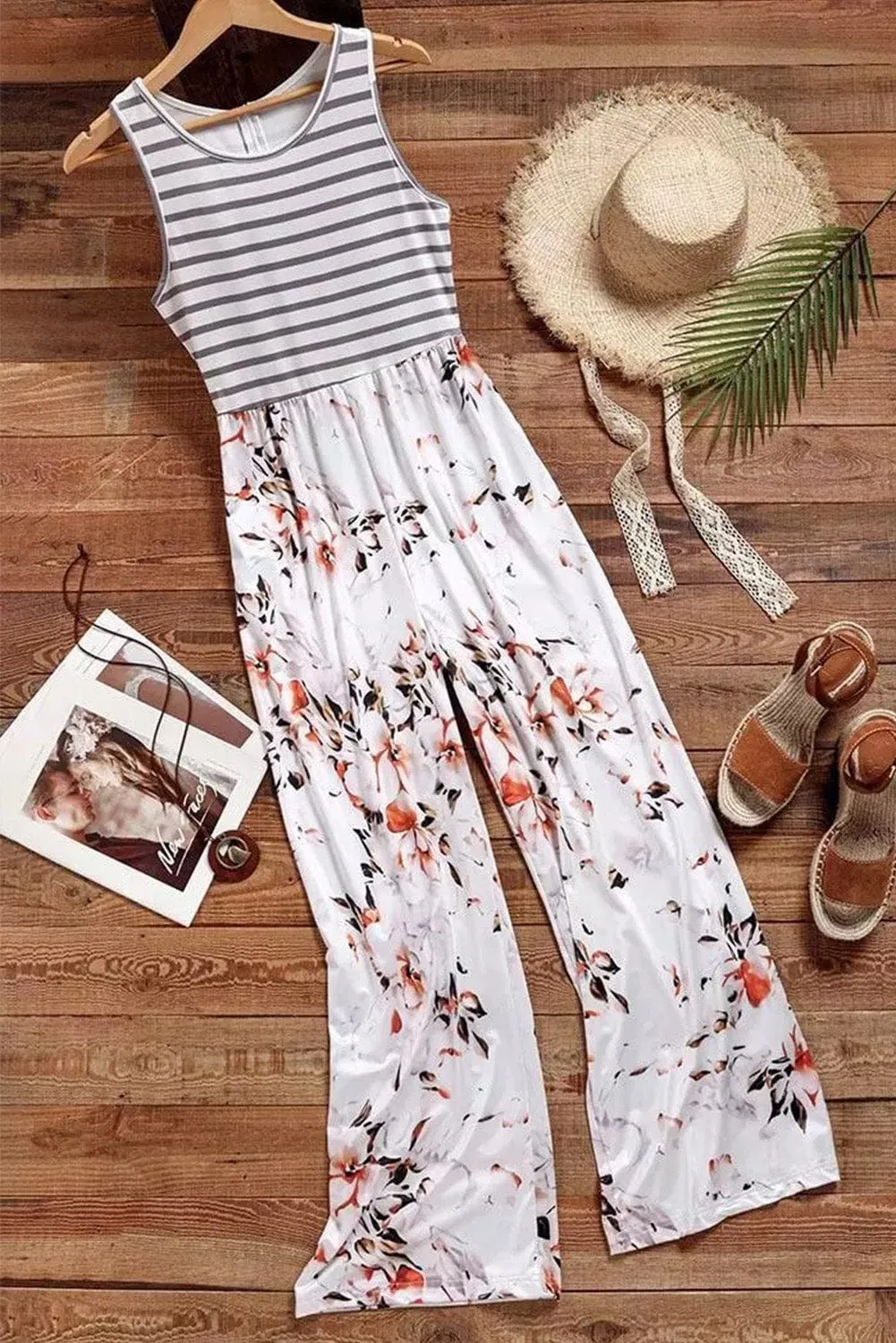 Breezy White Floral Striped Jumpsuit with Pockets