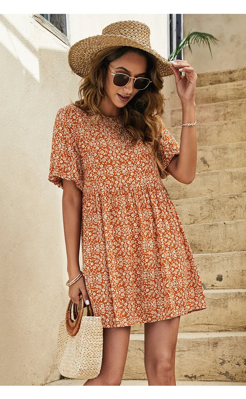 Casual Floral A-Line Dress High Waist Balloon Sleeve Wholesale Dresses