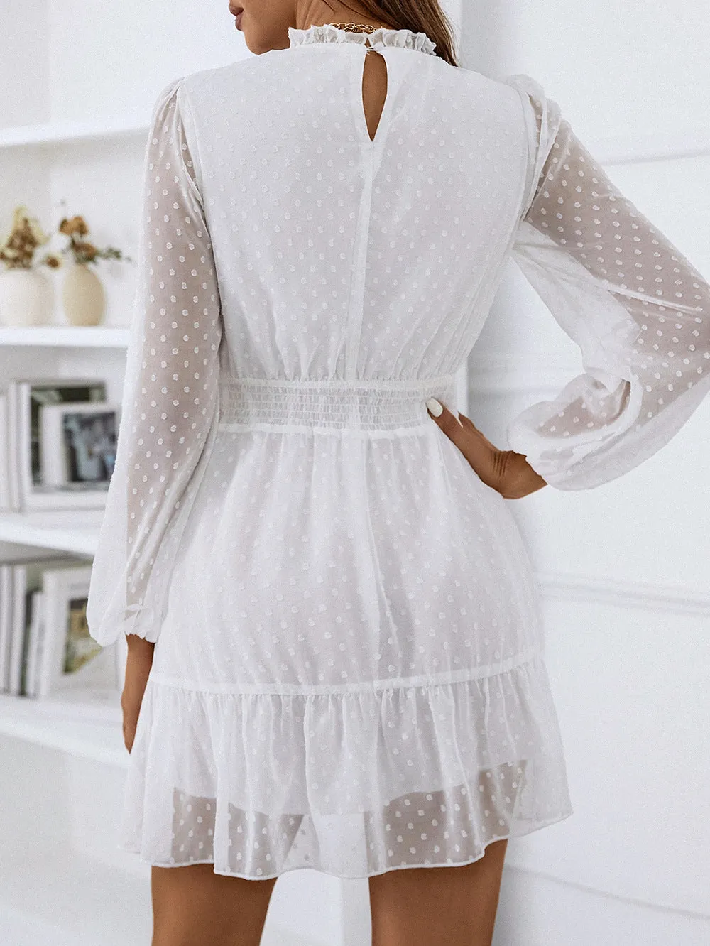Casual Lace Trim A-Line Dress High Waist Puff Sleeves Wholesale Dresses
