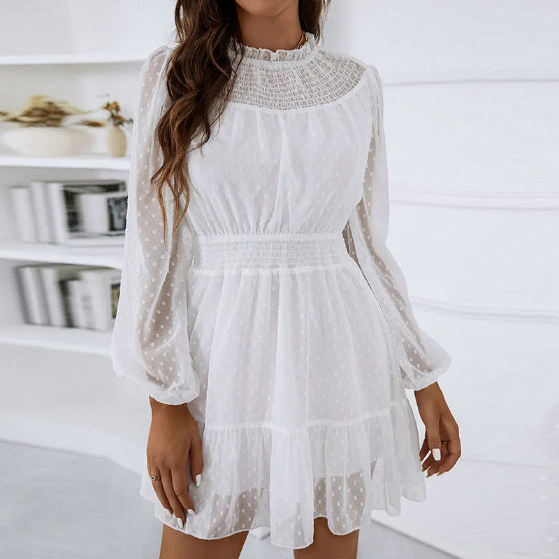Casual Lace Trim A-Line Dress High Waist Puff Sleeves Wholesale Dresses