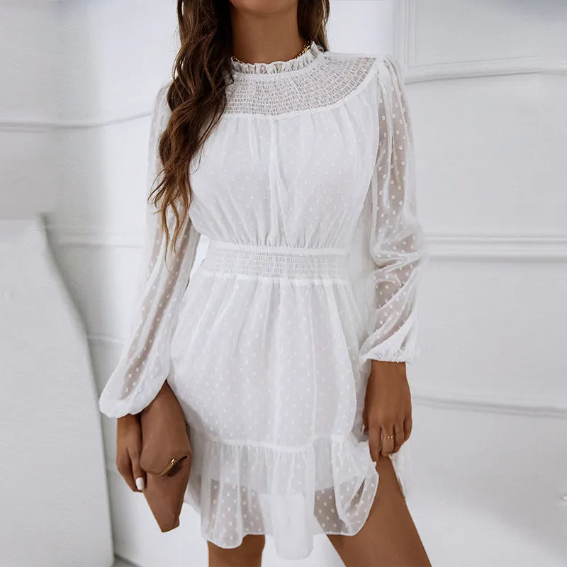Casual Lace Trim A-Line Dress High Waist Puff Sleeves Wholesale Dresses