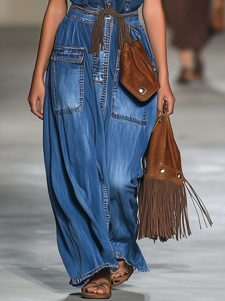 Casual Loose Retro Denim V-Neck Sleeveless Wide-Leg Jumpsuit