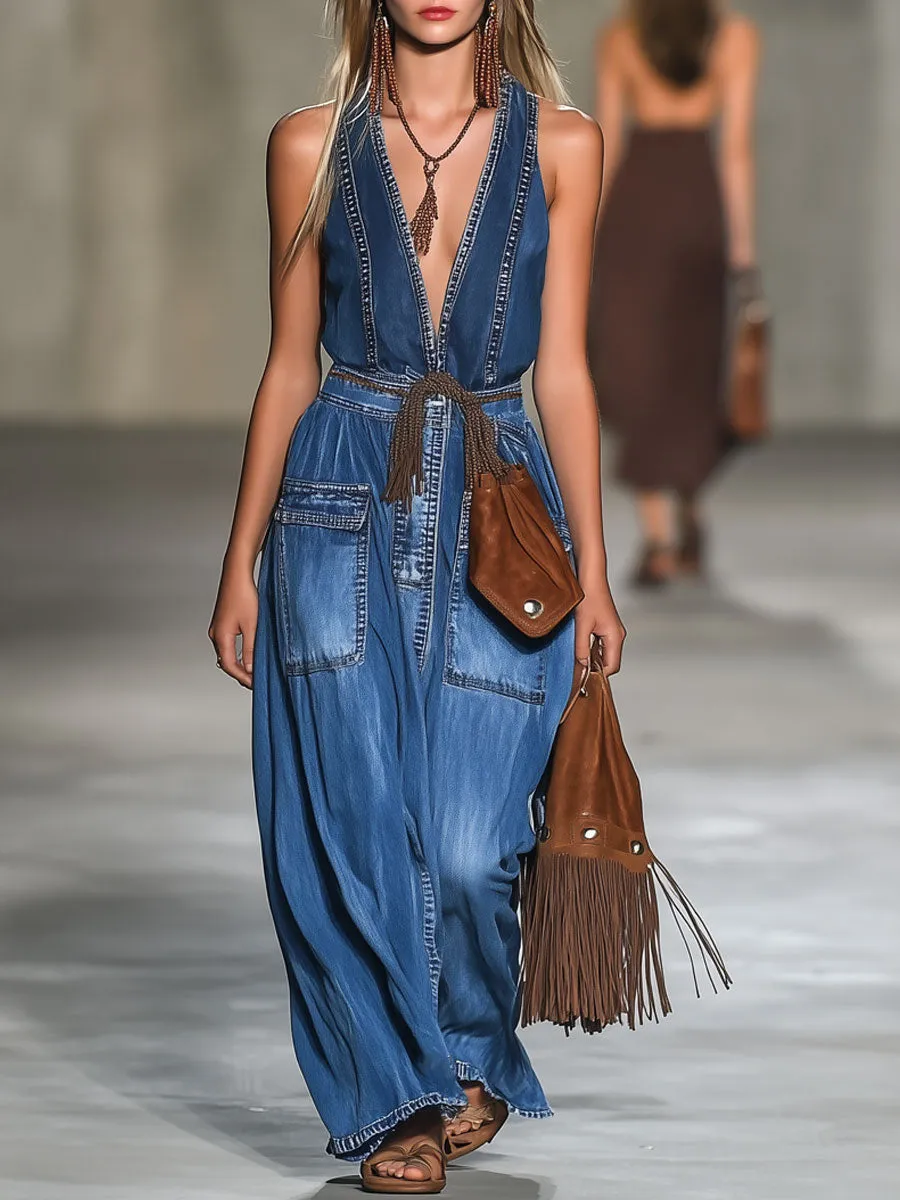 Casual Loose Retro Denim V-Neck Sleeveless Wide-Leg Jumpsuit