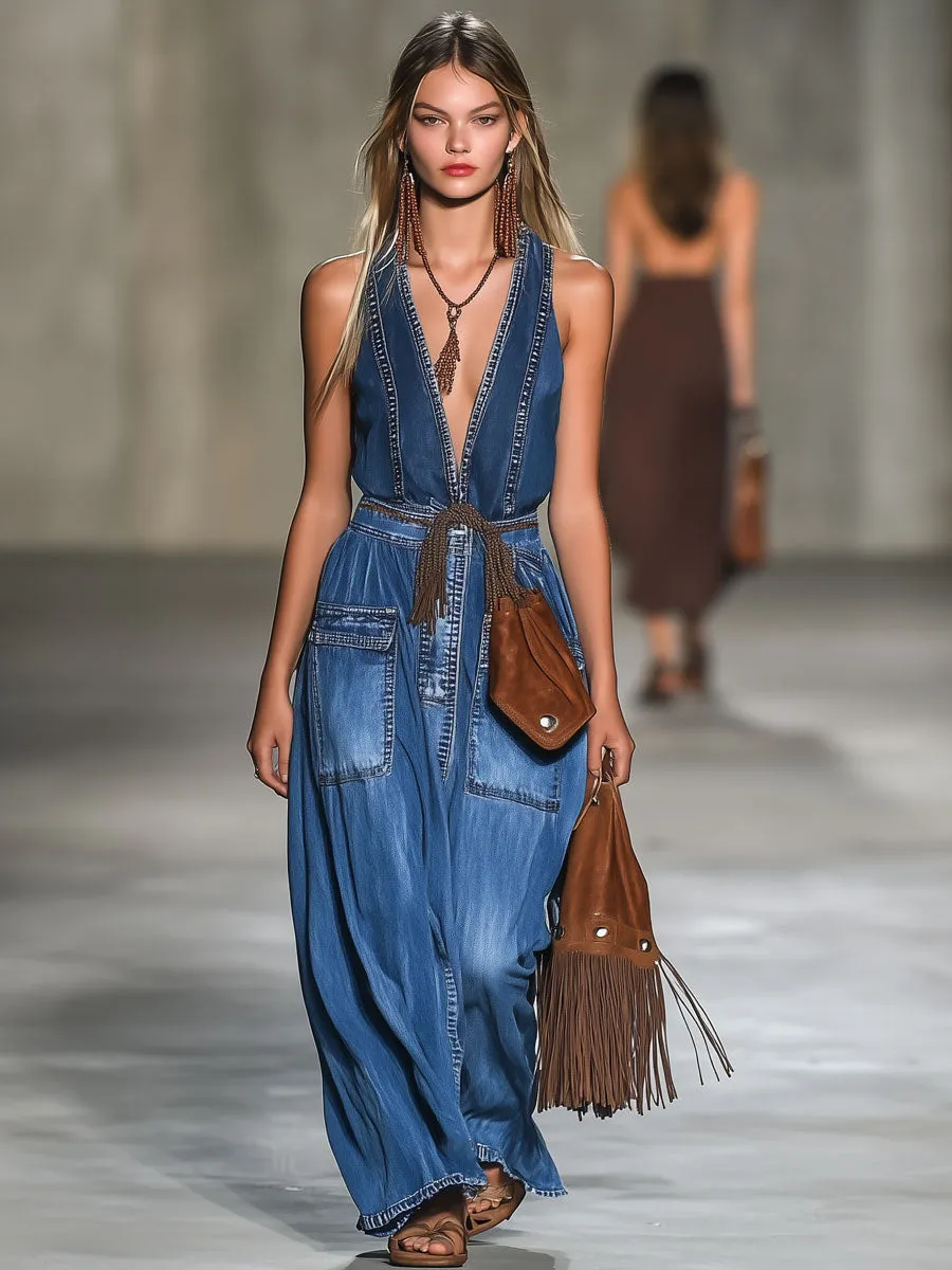 Casual Loose Retro Denim V-Neck Sleeveless Wide-Leg Jumpsuit