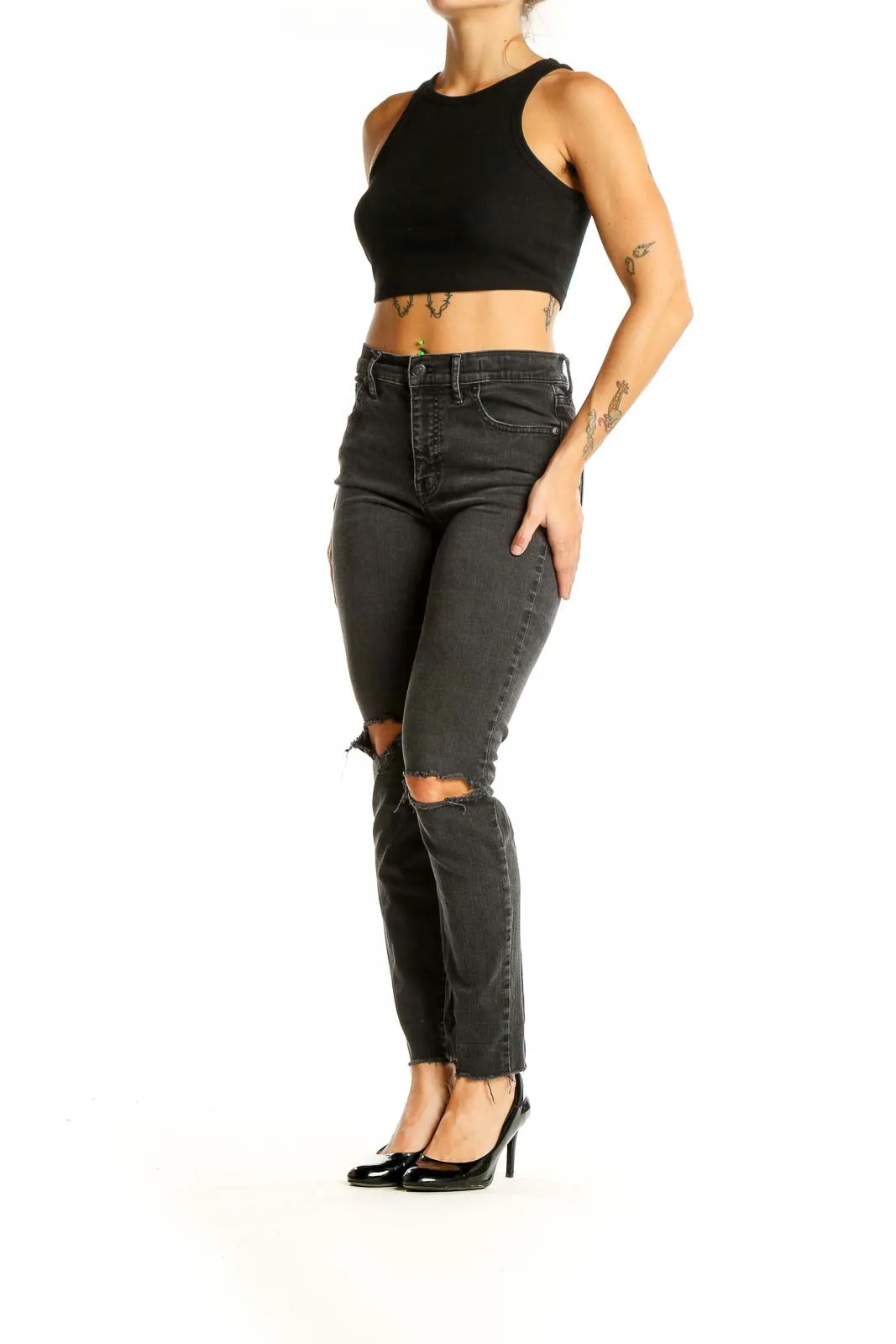 Charcoal Distressed High-Waisted Skinny Jeans