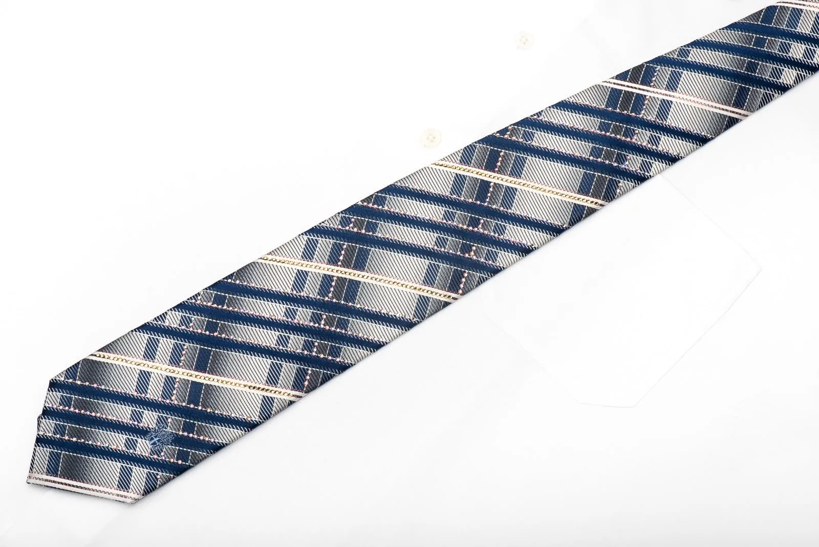 Daks Men's Silk Necktie Silver Blue Striped Crystal Necktie