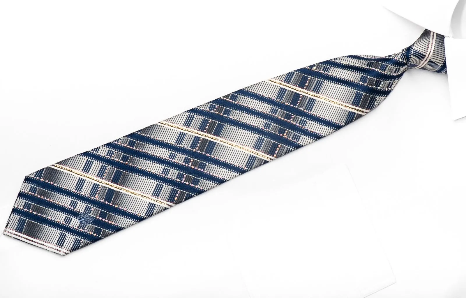 Daks Men's Silk Necktie Silver Blue Striped Crystal Necktie