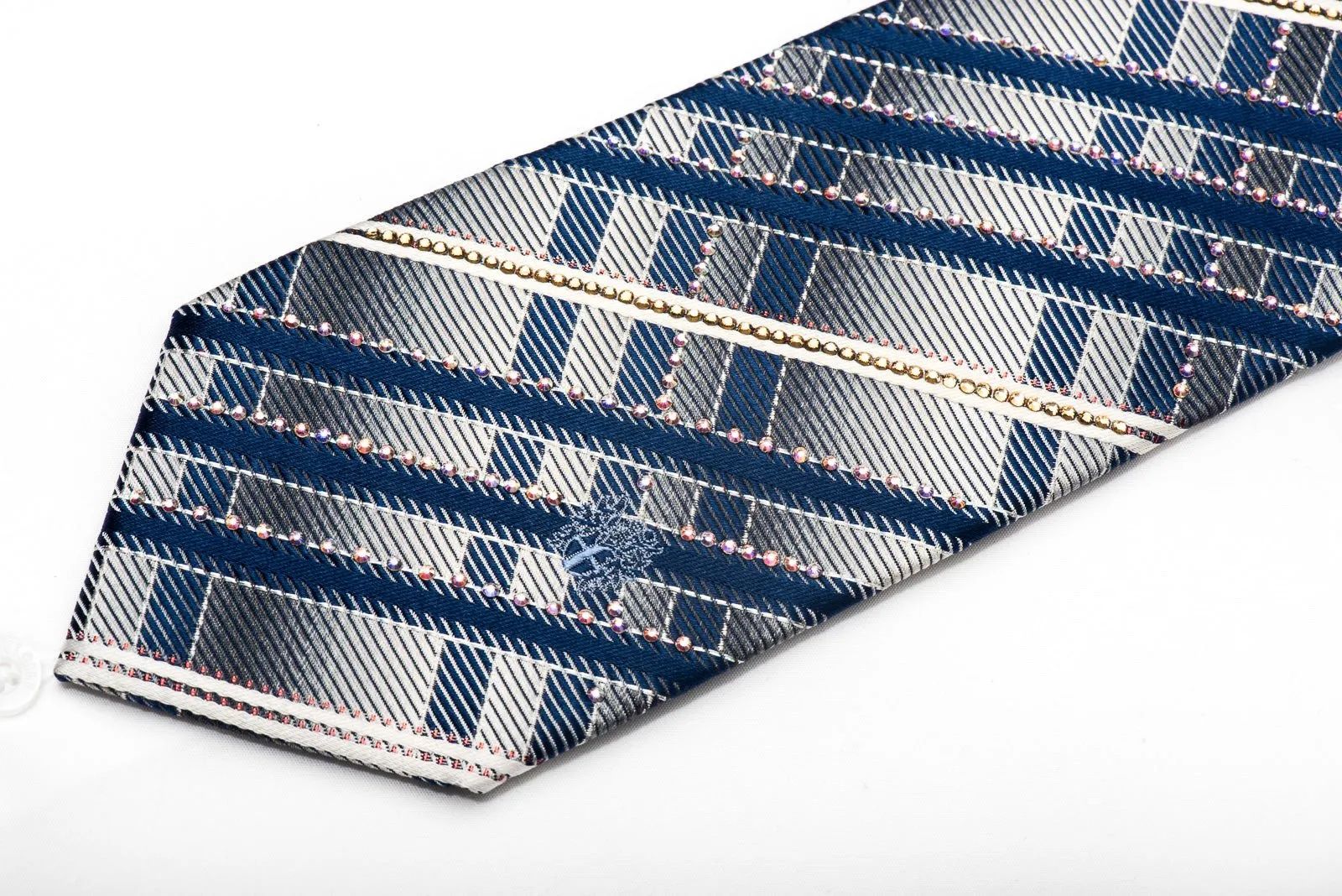 Daks Men's Silk Necktie Silver Blue Striped Crystal Necktie