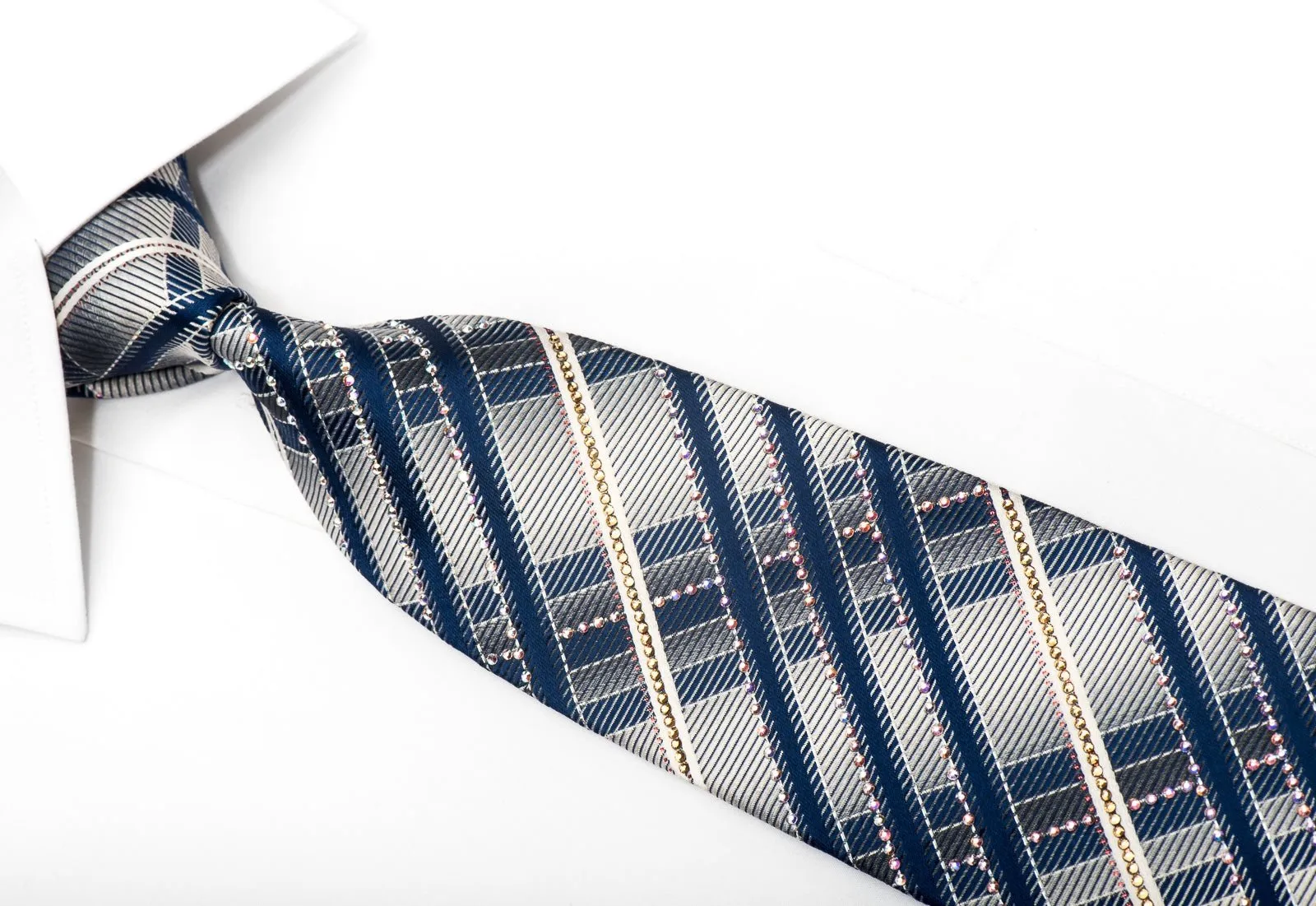 Daks Men's Silk Necktie Silver Blue Striped Crystal Necktie