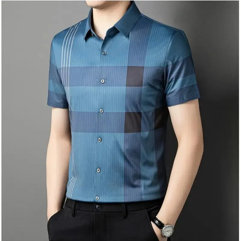 DomiGe Men's Dress Shirt - Striped Business Casual Blouse Silk