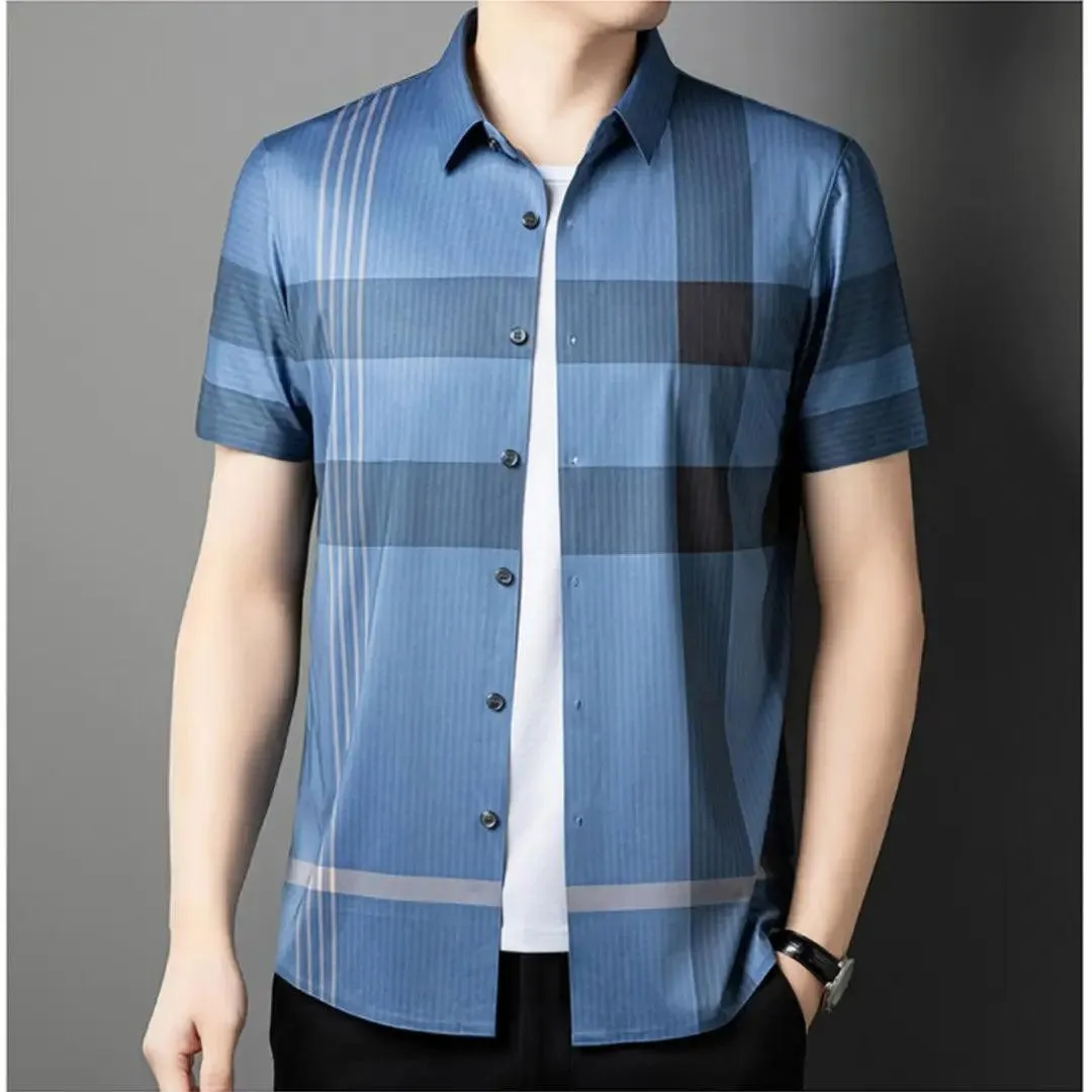 DomiGe Men's Dress Shirt - Striped Business Casual Blouse Silk