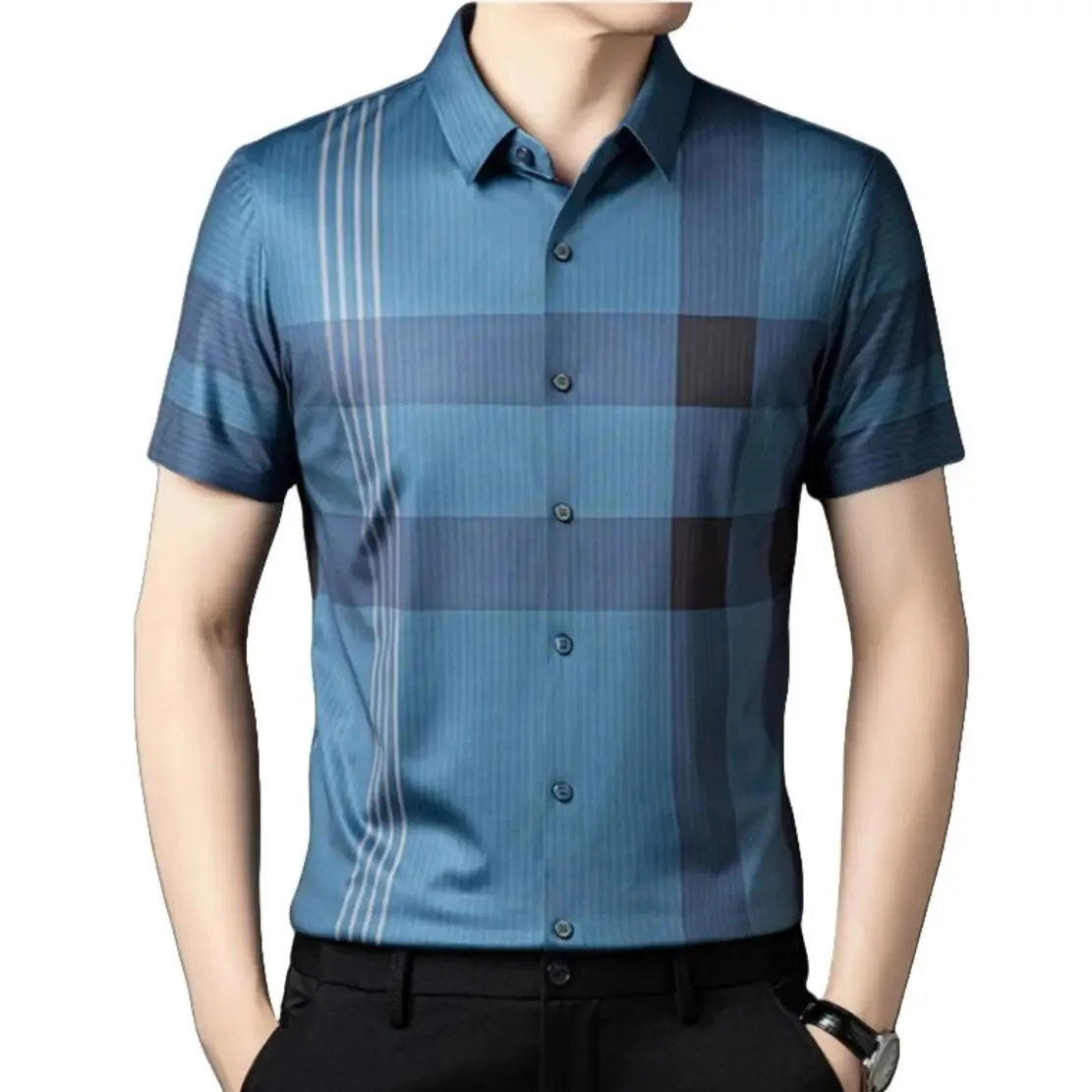 DomiGe Men's Dress Shirt - Striped Business Casual Blouse Silk