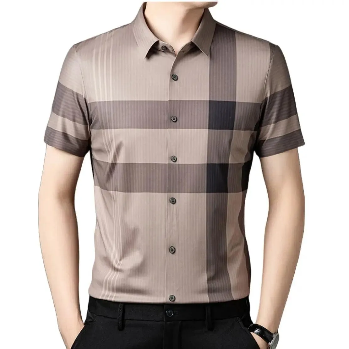 DomiGe Men's Dress Shirt - Striped Business Casual Blouse Silk
