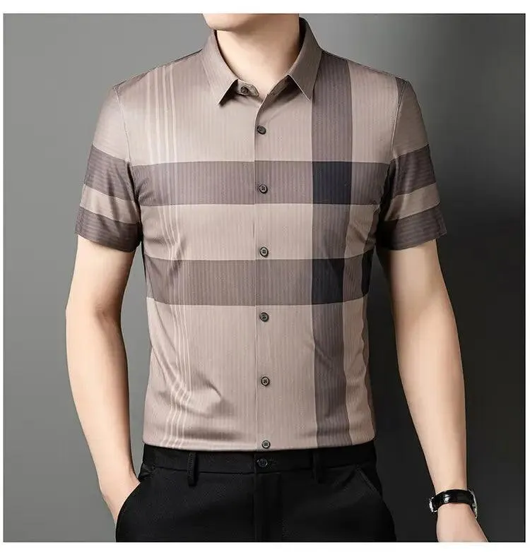 DomiGe Men's Dress Shirt - Striped Business Casual Blouse Silk