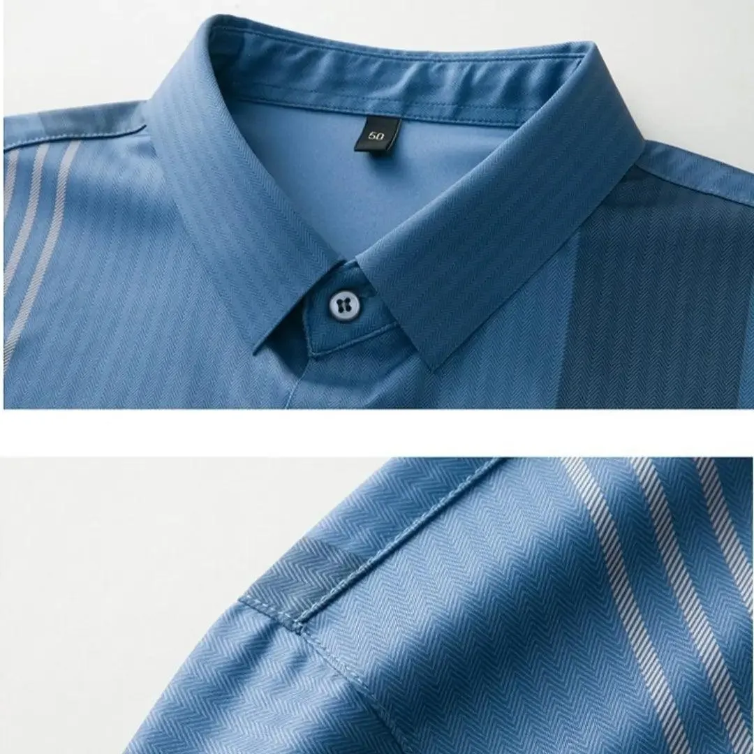 DomiGe Men's Dress Shirt - Striped Business Casual Blouse Silk