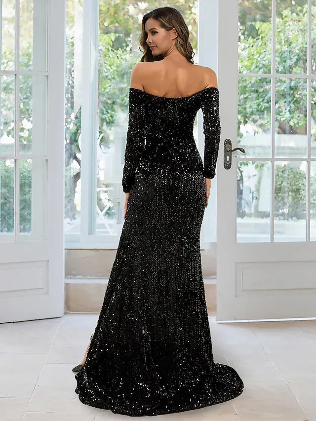 Evening Gown Black Dress Formal Long Sleeve Off Shoulder Sequined with Sequin