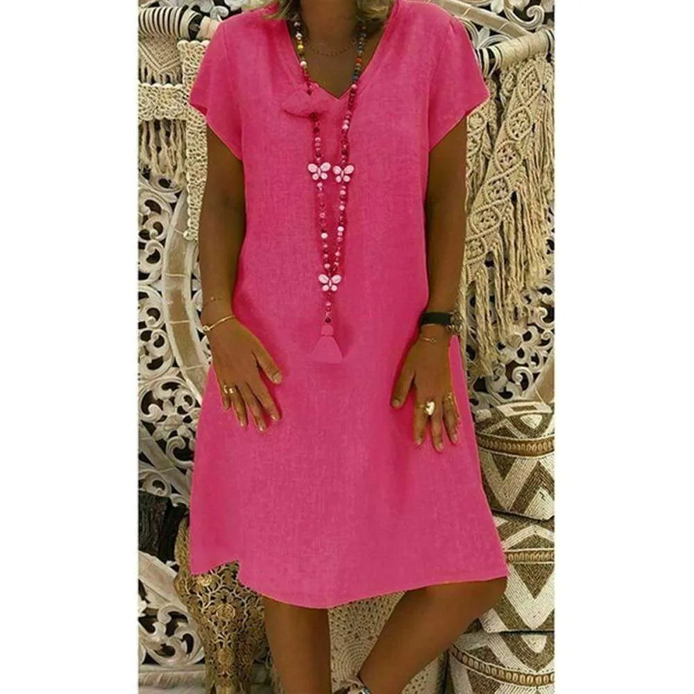 FashionSierra - Ladies Women Summer Vestido Short Sleeve T-shirt Dress Solid Cotton Linen Casual Loose Dress Holiday Sundress