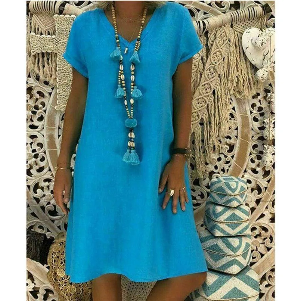 FashionSierra - Ladies Women Summer Vestido Short Sleeve T-shirt Dress Solid Cotton Linen Casual Loose Dress Holiday Sundress