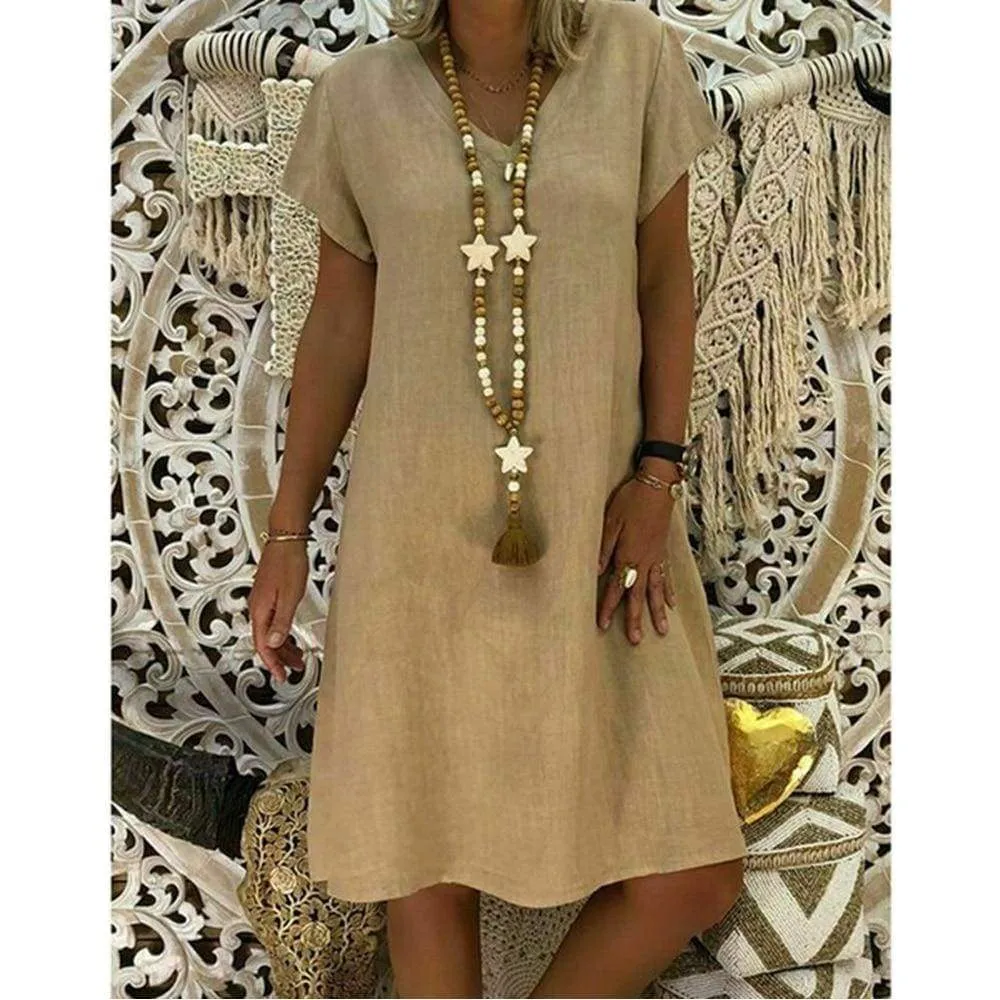 FashionSierra - Ladies Women Summer Vestido Short Sleeve T-shirt Dress Solid Cotton Linen Casual Loose Dress Holiday Sundress