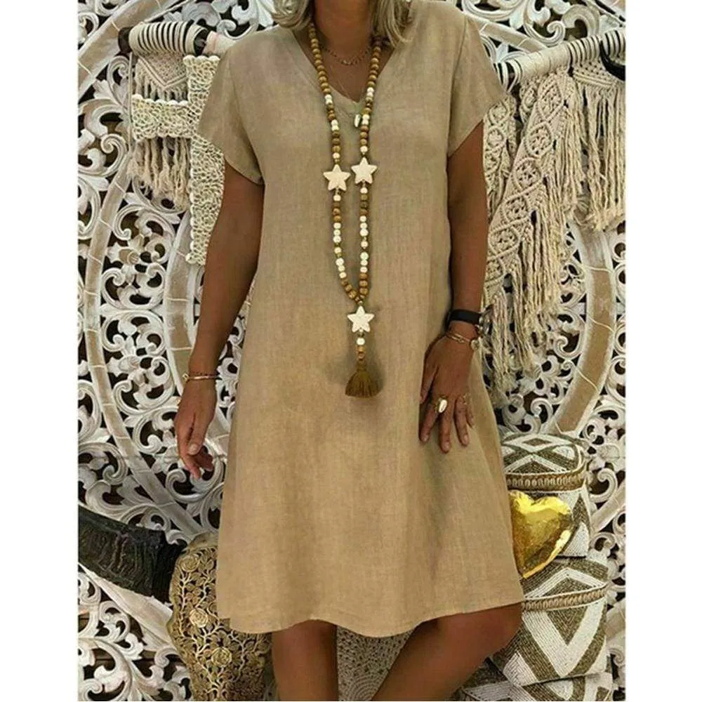 FashionSierra - Ladies Women Summer Vestido Short Sleeve T-shirt Dress Solid Cotton Linen Casual Loose Dress Holiday Sundress