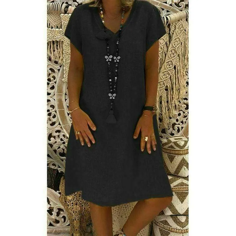 FashionSierra - Ladies Women Summer Vestido Short Sleeve T-shirt Dress Solid Cotton Linen Casual Loose Dress Holiday Sundress