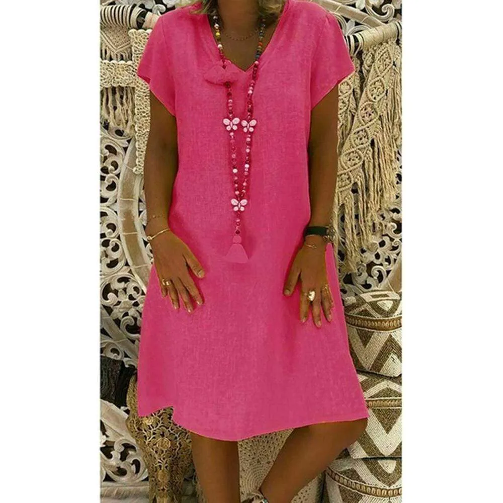 FashionSierra - Ladies Women Summer Vestido Short Sleeve T-shirt Dress Solid Cotton Linen Casual Loose Dress Holiday Sundress
