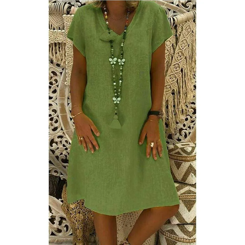 FashionSierra - Ladies Women Summer Vestido Short Sleeve T-shirt Dress Solid Cotton Linen Casual Loose Dress Holiday Sundress