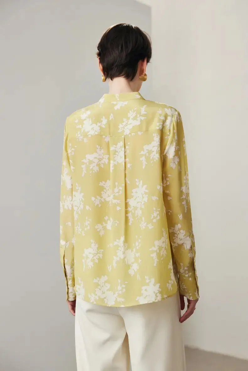 Floral Print Pleated Front Pure Mulberry Silk Blouse