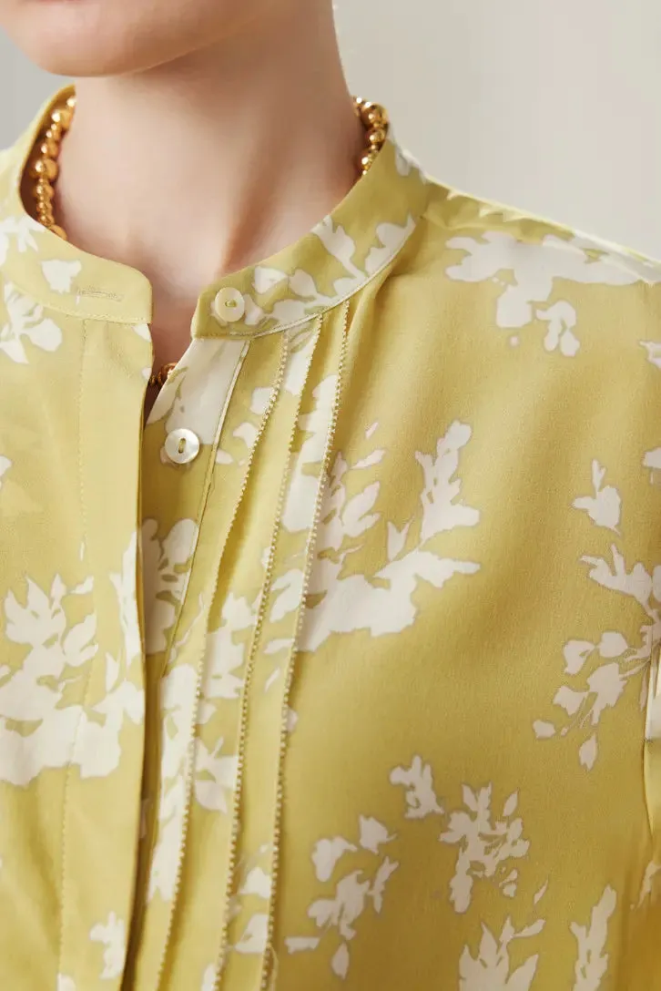 Floral Print Pleated Front Pure Mulberry Silk Blouse