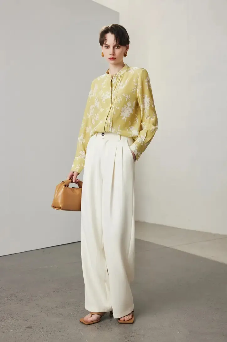 Floral Print Pleated Front Pure Mulberry Silk Blouse