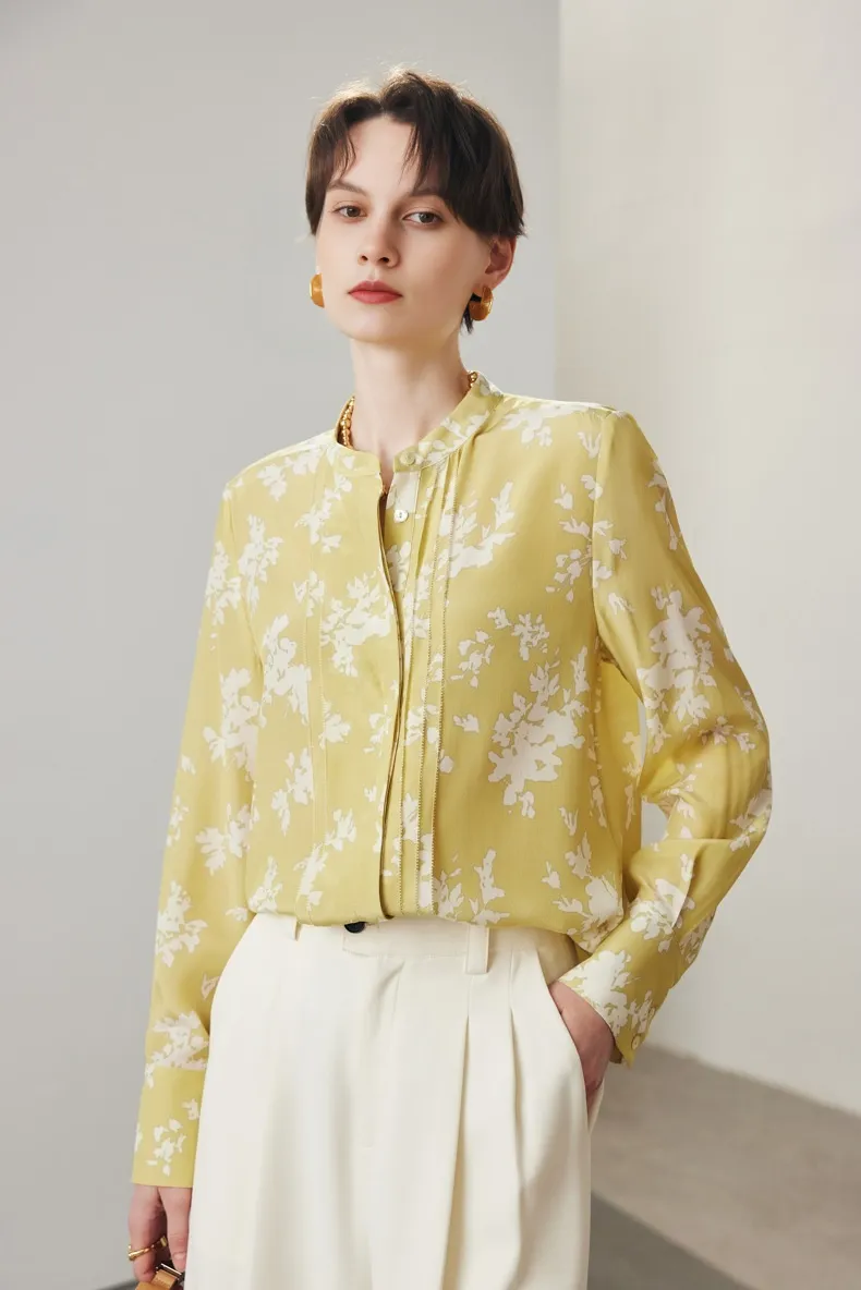 Floral Print Pleated Front Pure Mulberry Silk Blouse