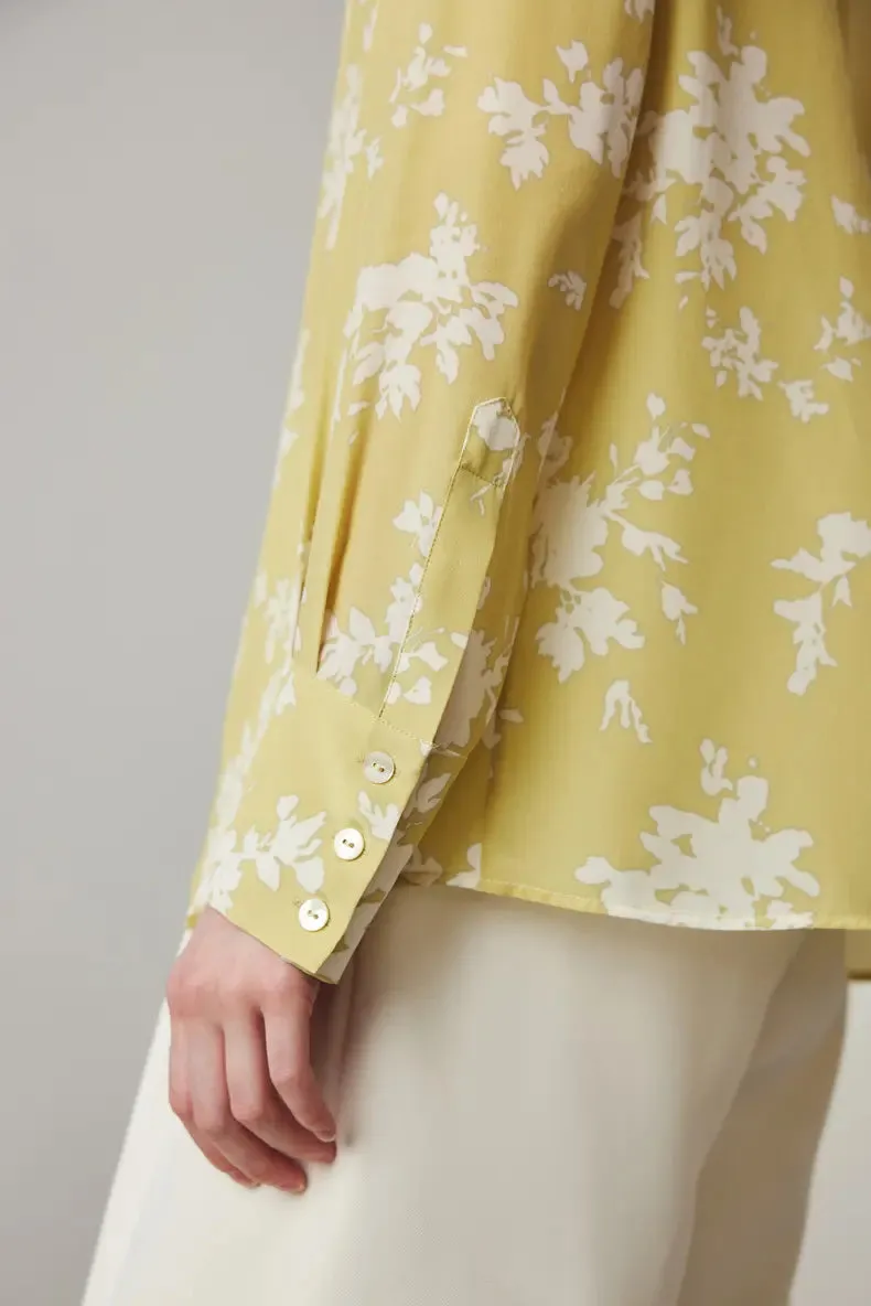Floral Print Pleated Front Pure Mulberry Silk Blouse
