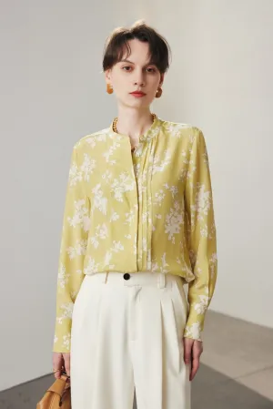 Floral Print Pleated Front Pure Mulberry Silk Blouse