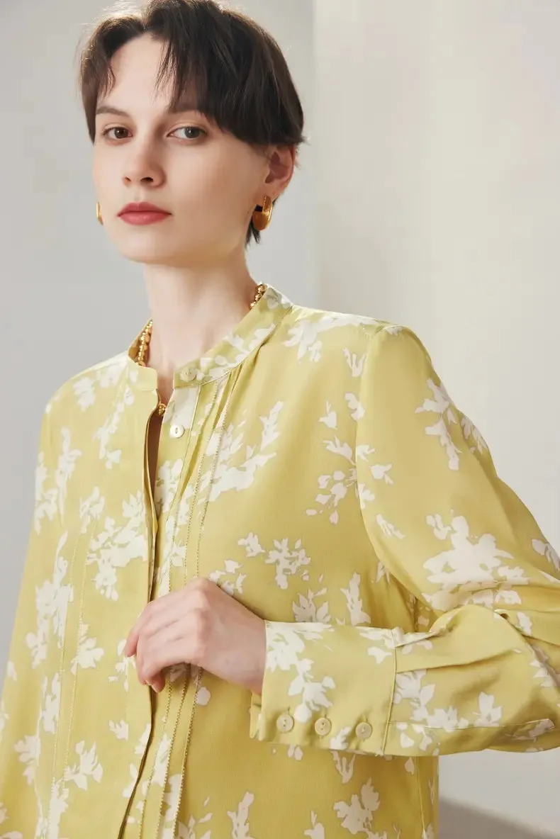 Floral Print Pleated Front Pure Mulberry Silk Blouse