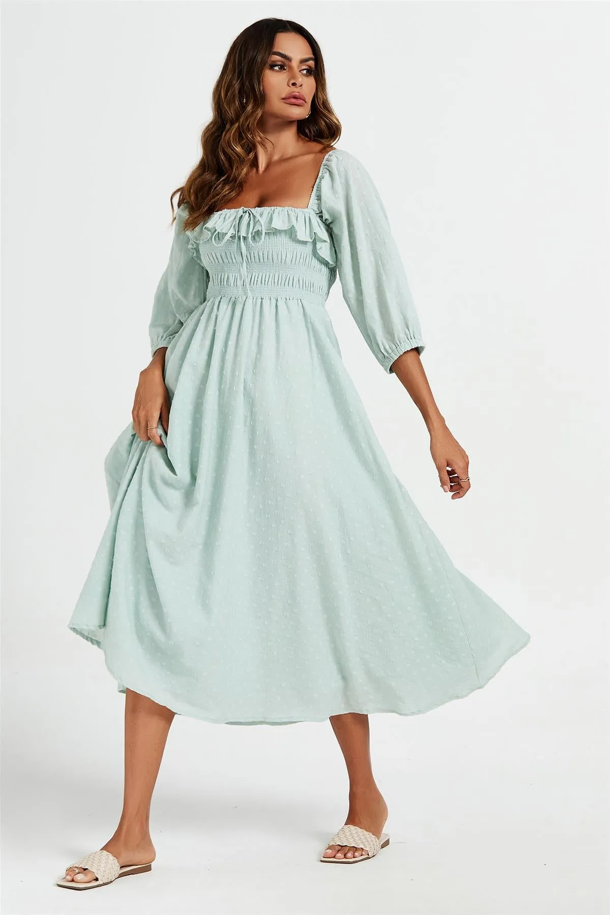 Frill Detail Square Neckline Midi Dress In Light Green