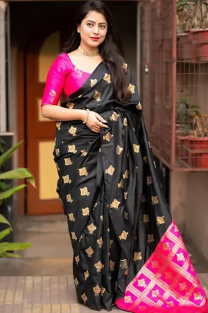 Fugacious Black and Dark Pink Soft Silk Saree With Ratatouille Blouse Piece
