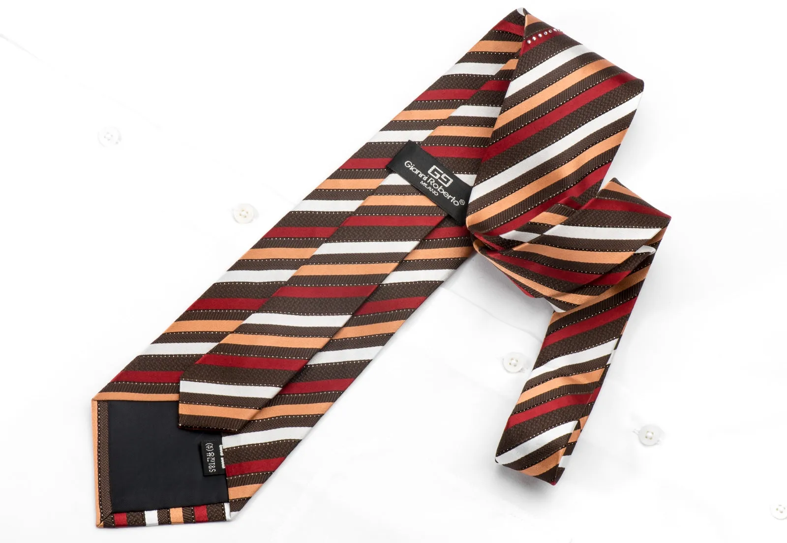 Gianni Roberto Men's Crystal Rhinestone Silk Necktie Brown Orange Burgundy Striped With Sparkles