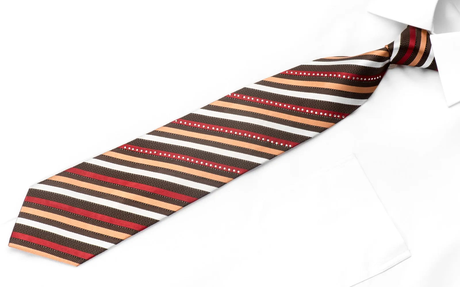 Gianni Roberto Men's Crystal Rhinestone Silk Necktie Brown Orange Burgundy Striped With Sparkles