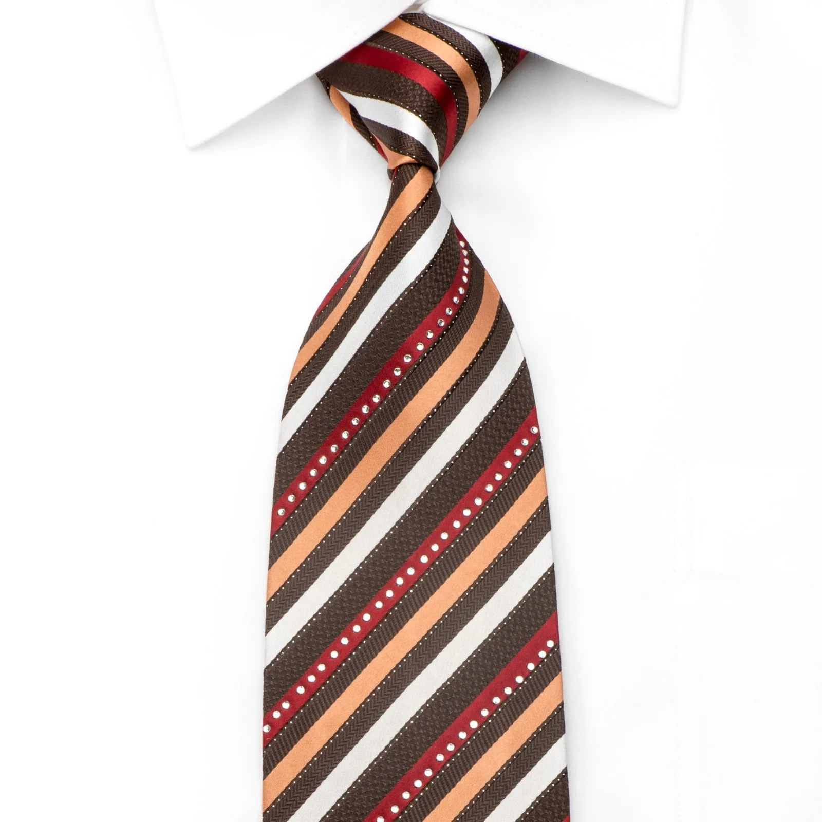 Gianni Roberto Men's Crystal Rhinestone Silk Necktie Brown Orange Burgundy Striped With Sparkles